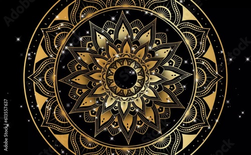 Mosaic Mandala video Moving hypnotic spiral illustration. Gold and Black colors. With white stars Video animation 4K. Psychedelic and slow rotation.