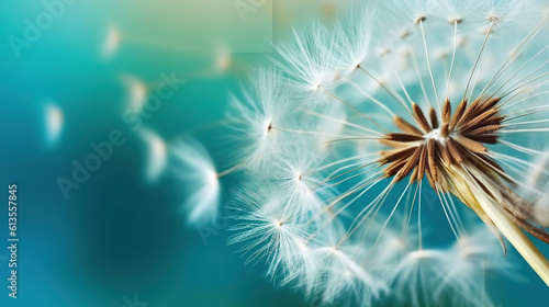 Dandelion seeds close up blowing in blue turquoise background  Generative AI