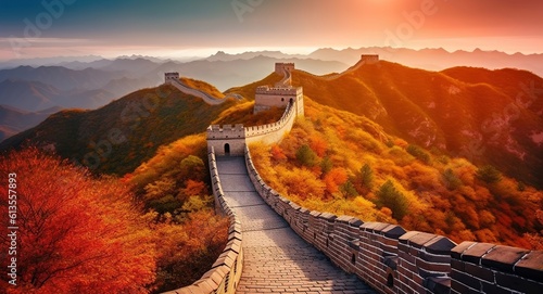 Autumn's Embrace, The Majestic Great Wall of China Painted in Nature's Vibrant Hues, Generative AI photo