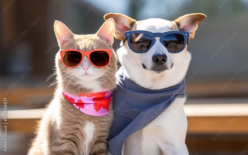 Cat and dog pets friends in sunglasses outdoors. Generative AI