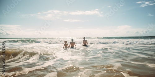 Rear view of a family splashing in the ocean waves, enjoying the sun and sea on a beautiful summer day, concept of Recreation, created with Generative AI technology