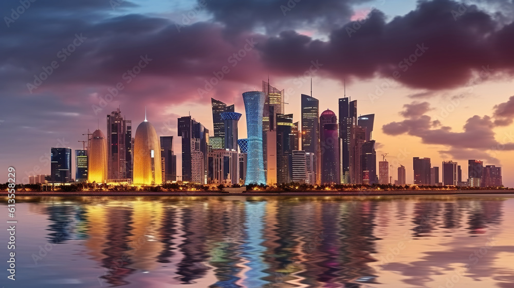 Panorama of the city center of Doha, during a cloudy sunset, Generative AI