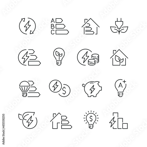 Vector line set of icons related with energy saving. Contains monochrome icons like electricity, energy, power, bulb, house and more. Simple outline sign.