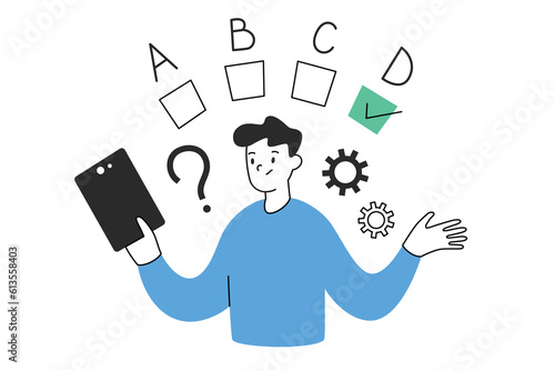 Person passing online test on tablet, hand drawn composition with checkboxes, checkmarks, vector illustration of thinking process, man choosing answers on tablet, colored clipart on white background