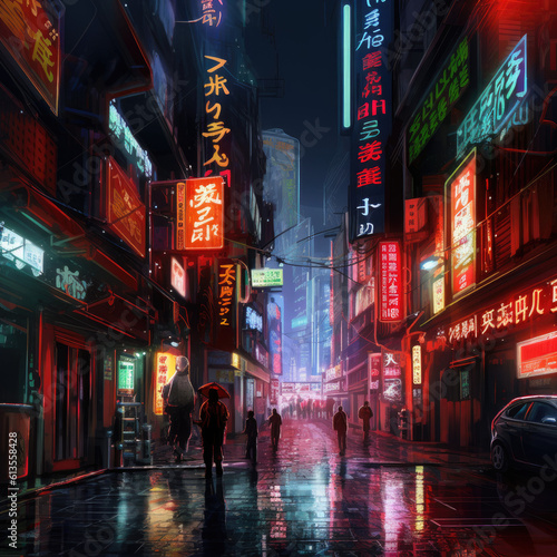 futuristic neotokyo street city at night cyberpunk neon - by generative ai