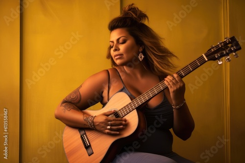 Lifestyle shot of an overweight woman who is confidently interested in a hobby like playing the guitar. Generative AI