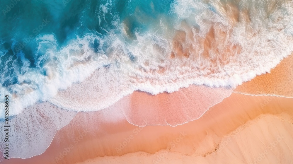 Overhead photo of crashing waves on the shoreline. Tropical beach surf. aerial, drone ocean view in beautiful colours.