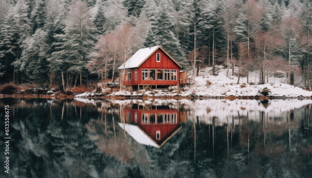 Wooden red Scandinavian house at a lake in nature. Off the grid. Snow, winter.