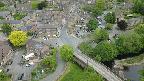 Aerial drone video of the small village named Pateley Bridge, England. photo