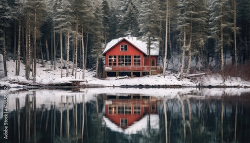 Wooden red Scandinavian house at a lake in nature. Off the grid. Snow, winter.