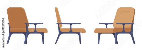 Armchair brown fabric furniture, upholstered wooden lounge chair set. Studio, public waiting area, living room seating comfort. Vector flat style cartoon home, office piece isolated, white background