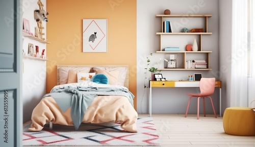 Colorful bedroom design for teenager, single wooden bed and desk with books, Generative AI