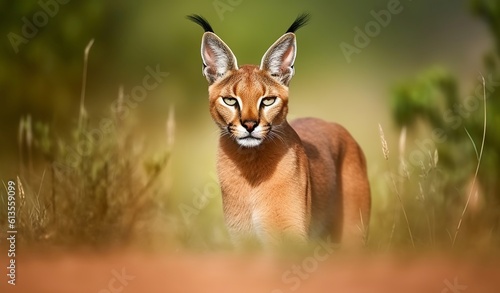 Caracal in green grass vegetation. Animal face to face walking on gravel road, Beautiful wild cat in nature habitat. Generative AI © Gasspoll