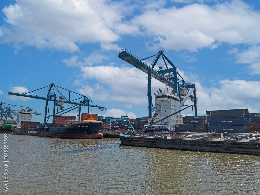 Panoramic picture from port Rotterdam with transport ships