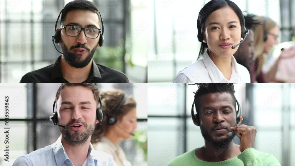 Call center workers collage. Different young customer support operators looking at camera.