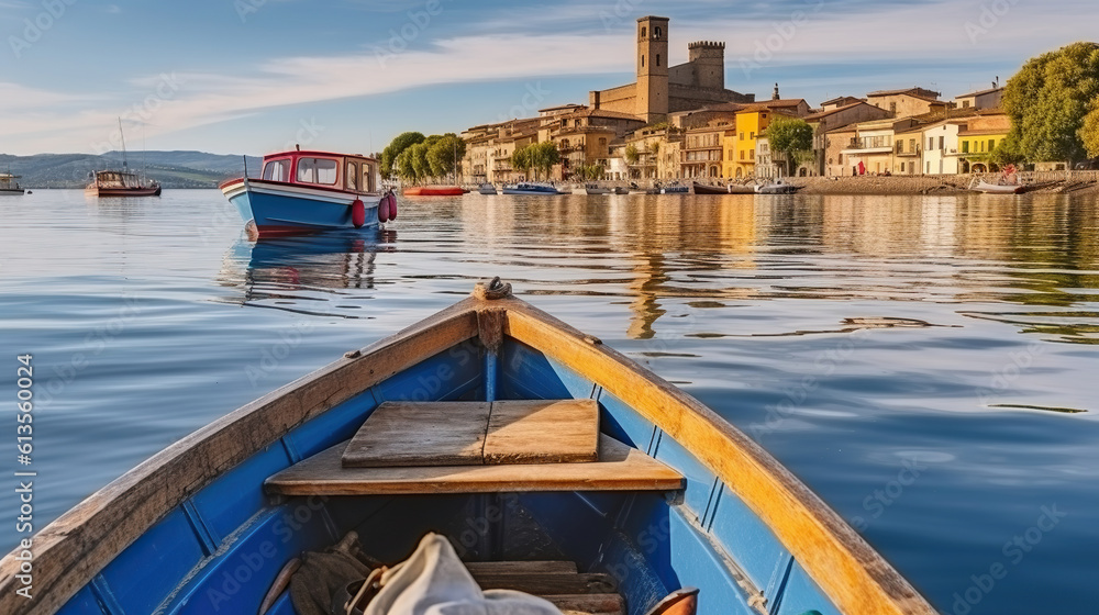 View through boats to city Marta on lake Bolsena in Italy, Generative AI