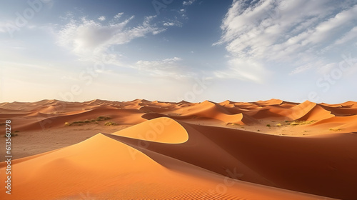 Dunes under light clouds in desert. Generative AI