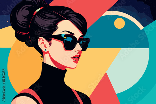 Fashion portrait of model girl with sunglasses. Retro trendy colors poster or flyer. photo