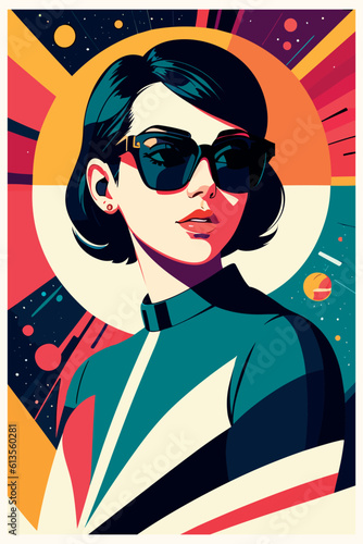 Fashion portrait of model girl with sunglasses. Retro trendy colors poster or flyer. photo