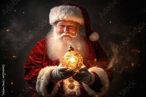 Photo of a jolly man dressed as Santa Claus in a festive studio. Generative AI © Mustafa