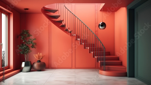 Illustration of interior design in minimalist style with staircase. Generative Ai