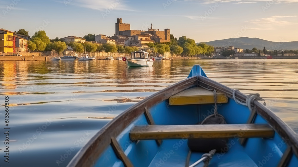 Tranquil Waters, Timeless Charm, Boats Frame the Scenic City of Marta on Lake Bolsena, Generative AI