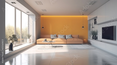 Modern interior apartment panorama 3d render, Bright color. Generative Ai © hassanmim2021