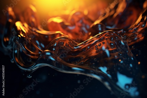 Golden water in dark environment, dim light, sharp focus, shallow dof background Generative AI