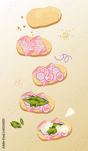 Vector illustration of bruschetta with bacon, cream cheese, and tomato topping. Appetizing onion bruschetta Various small sandwiches Mixed bruschetta, top view.
