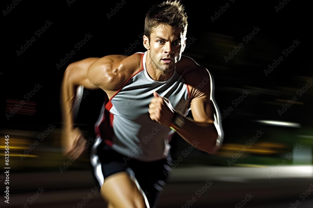 The agility and speed of a male athlete as he engages in a sprinting session on the track. Generative AI