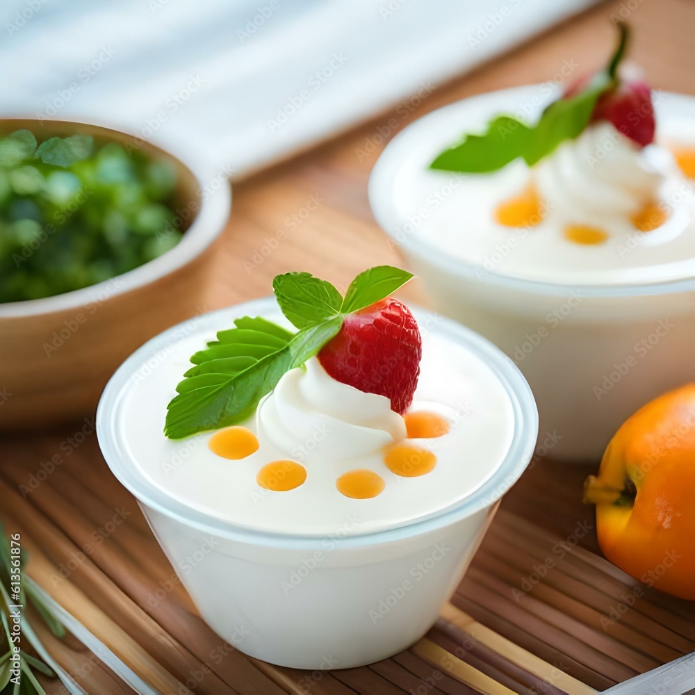 Natural yogurt with fruit pieces on a neutral background generated by AI Natural yogurt with fruit pieces on a neutral background generated by AI
