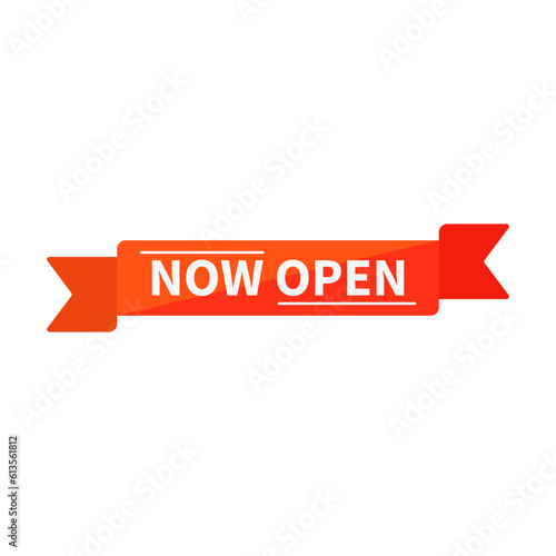 Now Open In Orange Duo Color And Rectangle Ribbon Shape With White Line For Announcement
