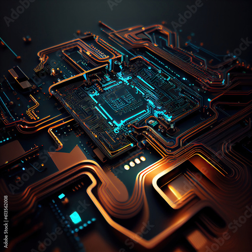 Ai generated illustration futuristic motherboard with neon lights