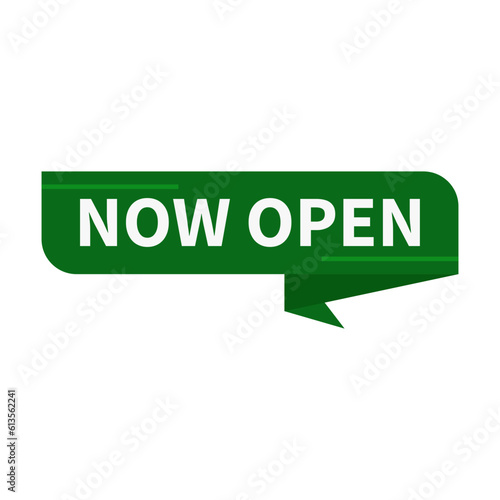 Now Open In Green Color And Rectangle Ribbon Shape For Announcement
