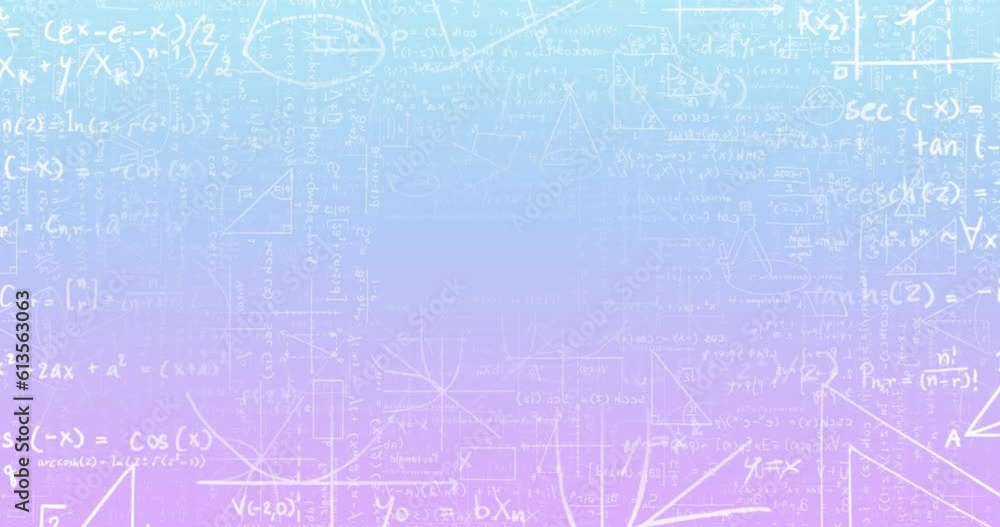 Animation of mathematical equations and formulas floating against purple gradient background Animation of mathematical equations and formulas floating against purple gradient background