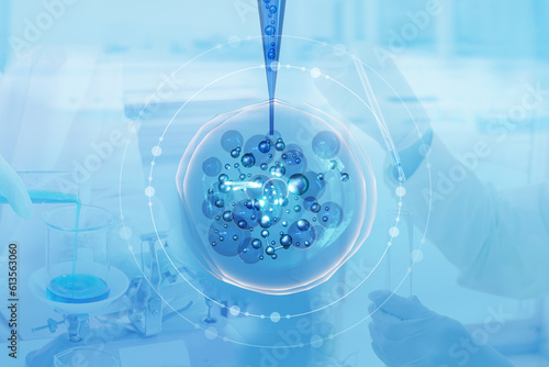 Quadro su tela 3d Abstract blue cell or bubble and vitamin drop with equipment science lab on hand scientist background