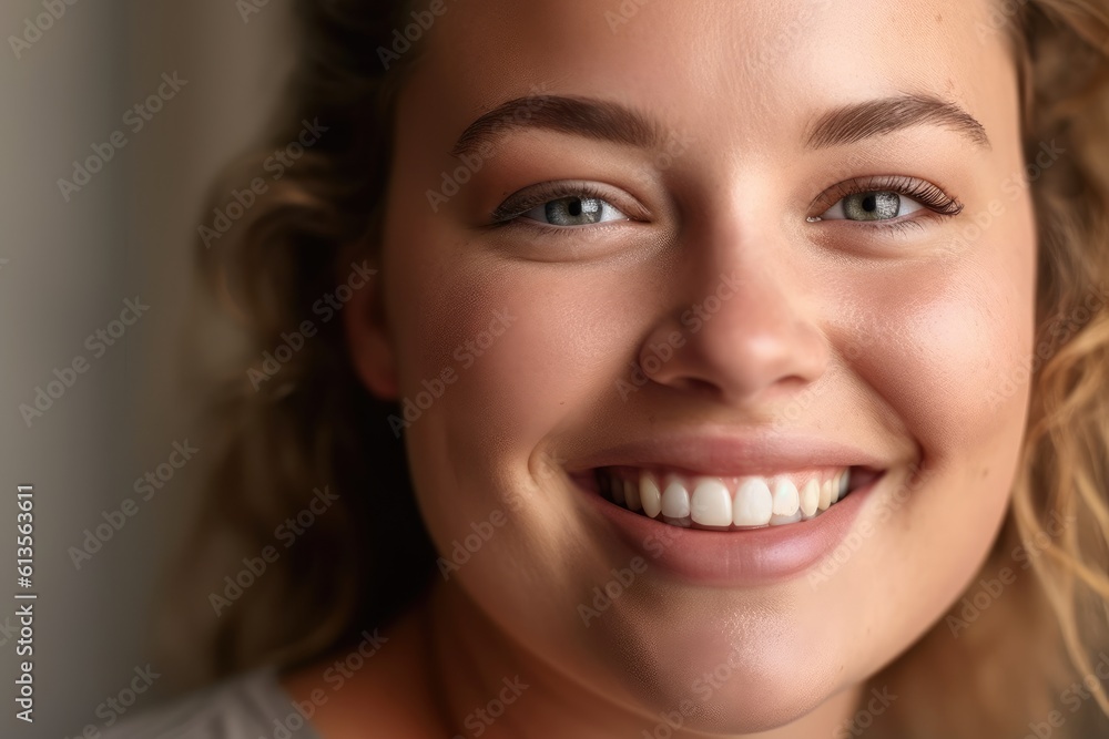 A close up shot of a smiling plus size woman with natural and minimalistic makeup, radiating self acceptance. Generative AI A close up shot of a smiling plus size woman with natural and minimalistic makeup, radiating self acceptance. Generative AI