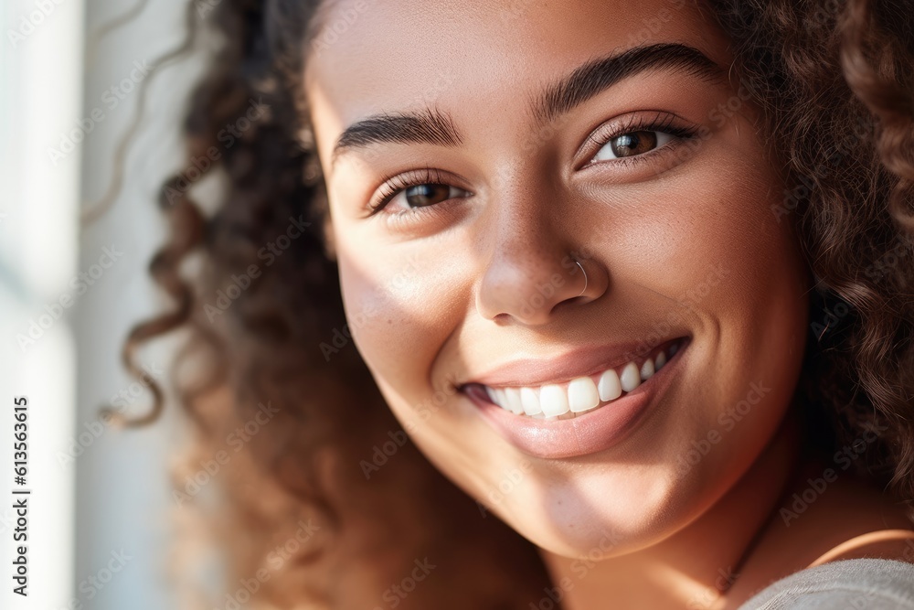 A close up shot of a smiling plus size woman with natural and minimalistic makeup, radiating self acceptance. Generative AI A close up shot of a smiling plus size woman with natural and minimalistic makeup, radiating self acceptance. Generative AI
