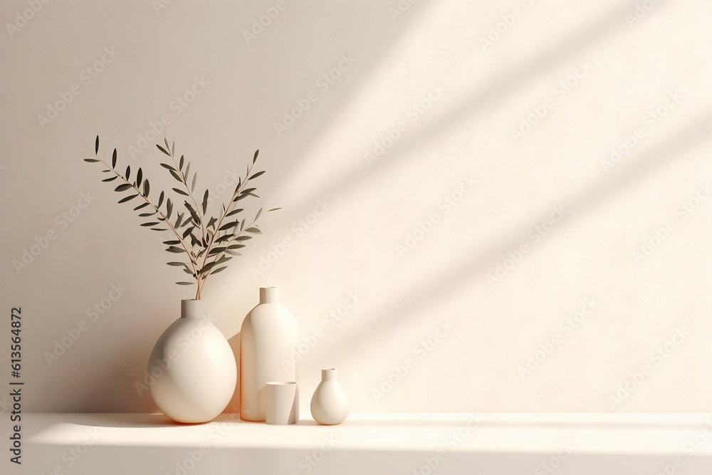 Mockup of a earthy vase with natural plants in a white clean minimal apartment. Interior deco design. Generated AI.