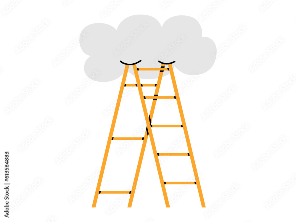 Hand drawn cute illustration of ladder rests on the cloud. Flat vector way to the sky in colored doodle style. Rise to new level, self-development sticker, icon or print. Isolated on white background. Hand drawn cute illustration of ladder rests on the cloud. Flat vector way to the sky in colored doodle style. Rise to new level, self-development sticker, icon or print. Isolated on white background.