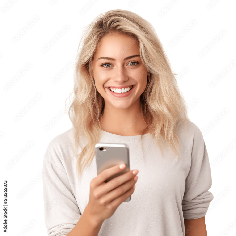 Portrait of a beautiful, young blond woman holding a phone. Isolated on transparent background. No background.
Portrait of a beautiful, young blond woman holding a phone. Isolated on transparent background. No background.