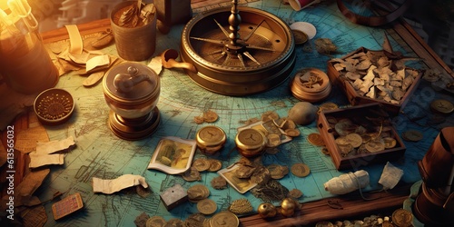 AI Generated. AI Generative. Retro vintage antique treasure map. Adventure explore nautical vibe. Graphic Art