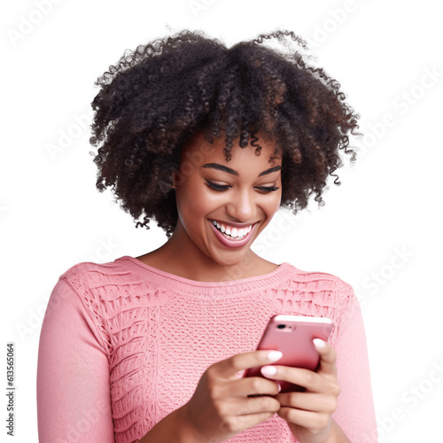 Portrait of a beautiful, young black woman  holding a phone. Isolated on transparent background. No background.	
