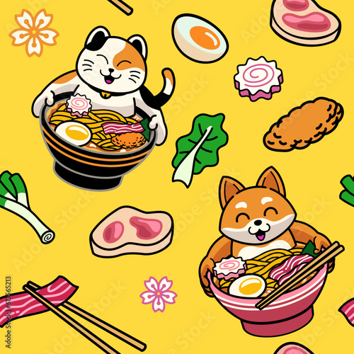 Seamless background of cute anime cat bath in bowl of ramen pattern
