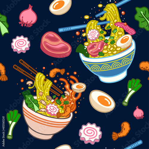Seamless pattern of japanese ramen and ingredient vector illustration