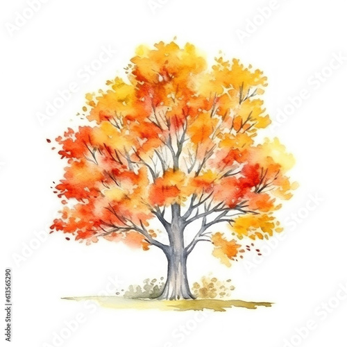 Watercolor Autumn Tree. Illustration Generative AI.
