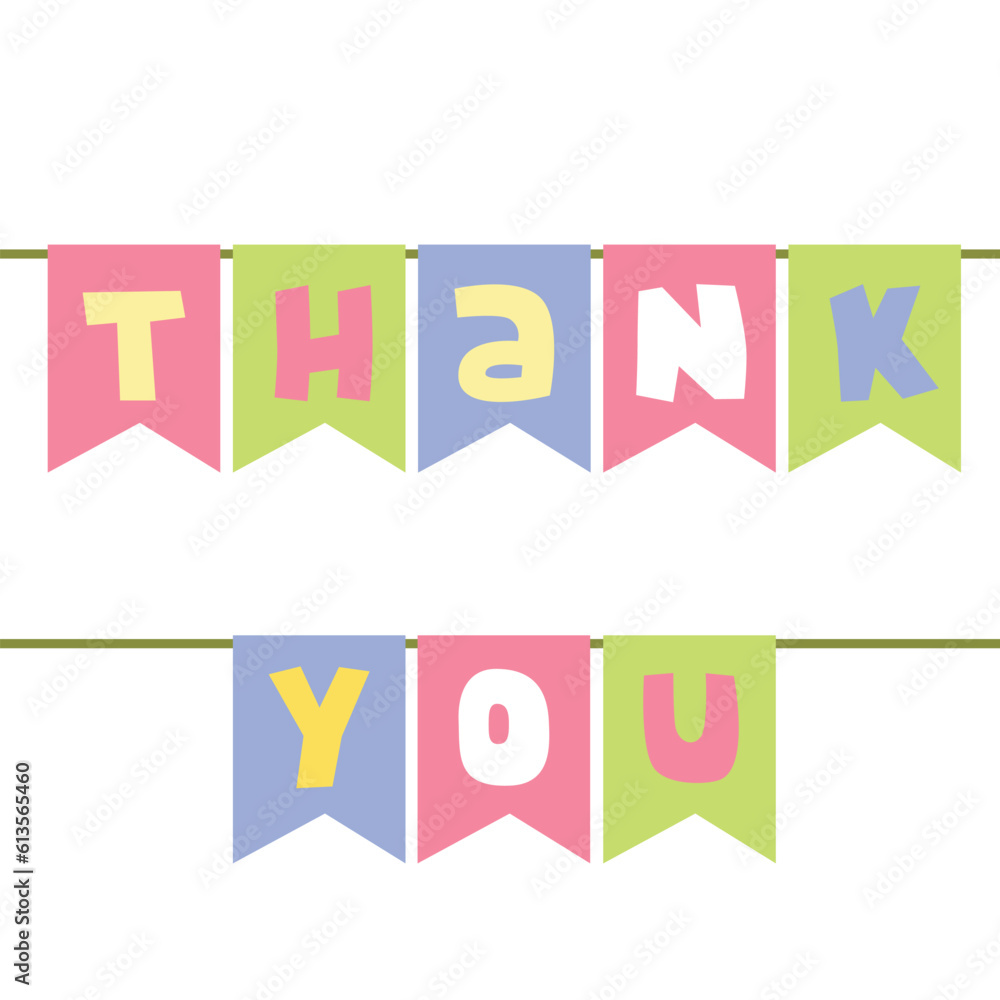 Gratitude banner, multiple flags on a rope with colorful words thank ...