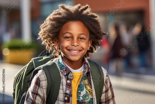 Portrait of a african american student boy ready for the first day of school wearing a backpack and posing with a big smile. Generative AI
