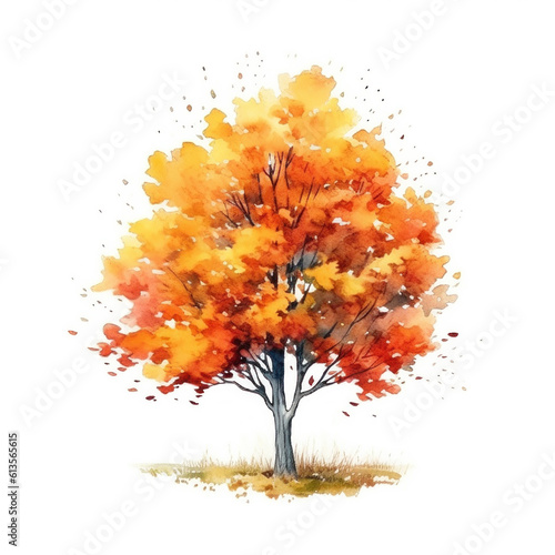 Watercolor Autumn Tree. Illustration Generative AI.