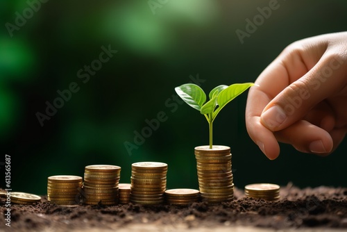 Putting coins with plant growing